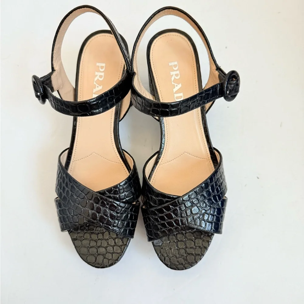 Prada Black Embossed Croc effect leather Quarter strap platform sandals EU 38 - Picture 3 of 9